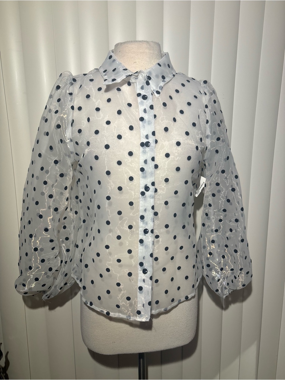 Sheer Polka Dot Button-Front Blouse - White with Black Dots